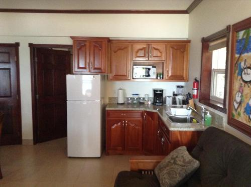 a kitchen with a white refrigerator and wooden cabinets at Belizean Nirvana in Placencia Village