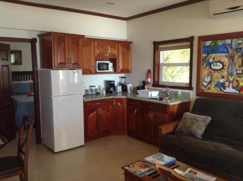 a kitchen with a white refrigerator and wooden cabinets at Belizean Nirvana in Placencia Village