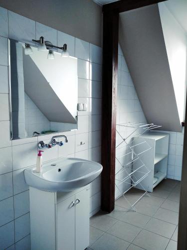 a bathroom with a sink and a mirror at Centro Unita in Krakow