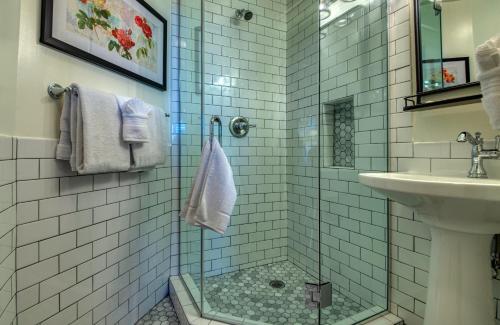 a bathroom with a shower and a sink at The Clinkscale in Jerome