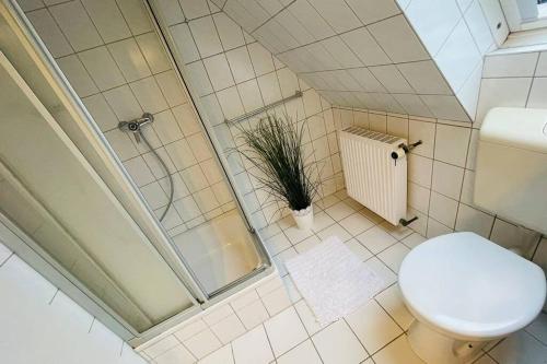 a bathroom with a shower and a toilet at Exclusives Apartment im Herzen von Westerland in Westerland (Sylt)