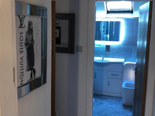 a bathroom with a toilet and a sink at Hendham House in Manchester