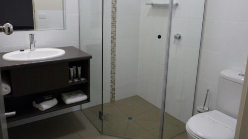 a bathroom with a toilet, sink, and shower stall at Loddon River Motel Kerang in Kerang