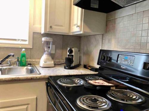 a kitchen with a stove and a sink at Trinity One Apartments - Industrial Luxury in Jackson