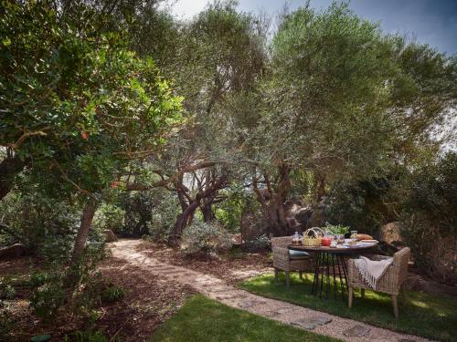 a table and chairs in a garden with trees at Cascioni Eco Retreat in Arzachena