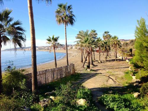 a sandy beach with palm trees and the ocean at Bright apartment with sea view in Casares, 96 m², pool in Casares