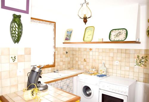 une cuisine avec un évier et une machine à laver dans l'établissement Appartement confortable à La Roche, 90 m² avec piscine partagée !, à La Roche-sur-le-Buis