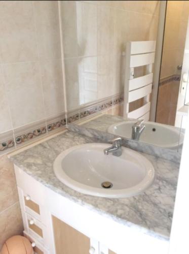 une salle de bain avec un lavabo et une baignoire dans l'établissement Appartement spacieux à Béziers - Vue sur piscine - 90m², à Béziers