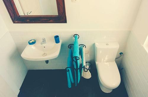 CañameroにあるCharming house in Cañamero with shared poolのトイレと洗面台のある小さなバスルーム