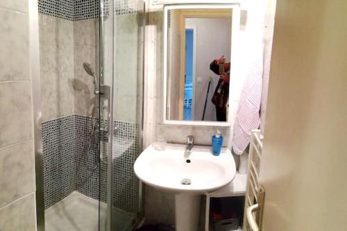 La salle de bains est pourvue d'un lavabo et d'une douche avec un miroir. dans l'établissement Appartement de 2 chambres avec wifi a Hendaye, à Hendaye