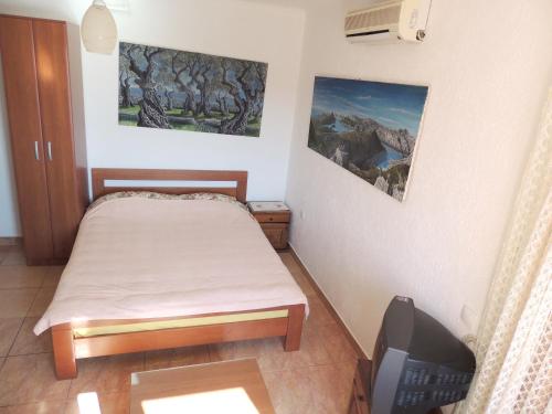 1 dormitorio con 1 cama y TV. en Studio at Ulcinj 100 m away from the beach with sea view furnished balcony and wifi, en Ulcinj