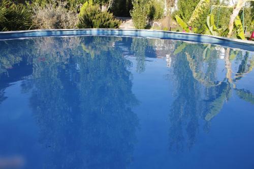 a blue swimming pool with its reflection in the water at One bedroom house with shared pool furnished terrace and wifi at Castro Marim in Castro Marim