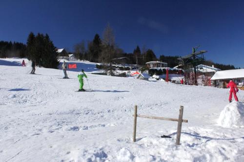 a group of people skiing down a snow covered slope at Appartement accueillant à Xonrupt-Longemer 70 m² avec jardin privatif in Xonrupt-Longemer