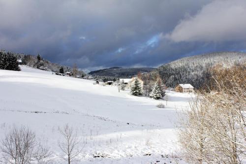 a snow covered field with a house in the distance at Appartement accueillant à Xonrupt-Longemer 70 m² avec jardin privatif in Xonrupt-Longemer