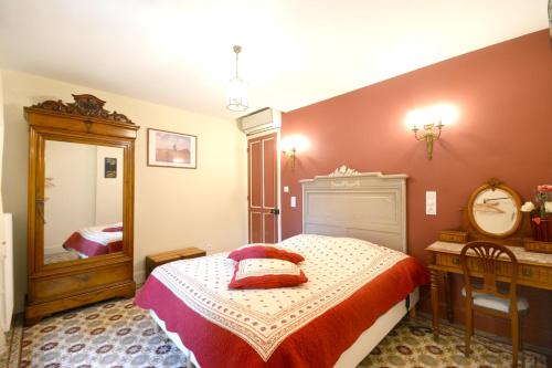 a bedroom with a bed and a mirror at Maison charmante au Thor + Piscine in Le Thor