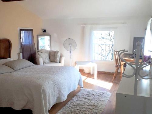 une chambre avec un lit et un salon dans l'établissement Maison de charme en campagne à Cucuron avec piscine privée, à Cucuron