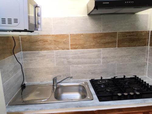 a kitchen counter with a sink and a stove at Charmant bungalow à Hell-Bourg avec vue sur montagnes et jardin in Hell-Bourg