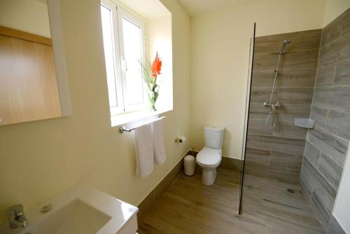 un bagno con doccia, WC e finestra di Comfortable apartment with shared pool in Prazeres, 150 m² a Campanário