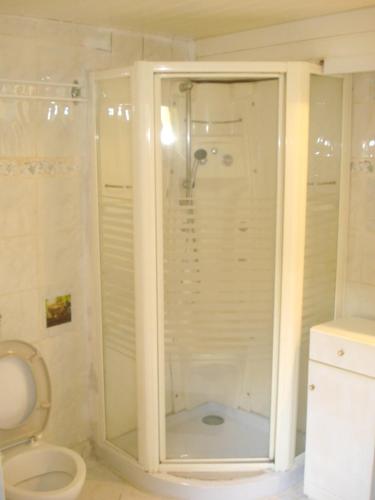 une salle de bain avec douche et toilettes dans l'établissement Maison chaleureuse à Ille-sur-Têt, jardin paisible, clim & cheminée, à Ille-sur-Têt