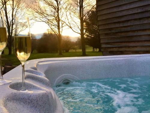 a glass of wine next to a hot tub with a glass of wine at Whitemoss Lodge in Dunning