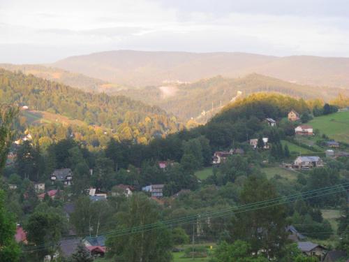 a town in a valley with trees and mountains at Agroturystyka Na Dzielnicach in Wisła