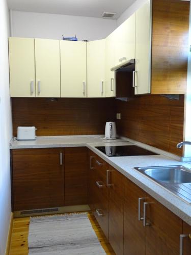 a kitchen with wooden cabinets and a sink at Apartamenty w Ustce in Ustka
