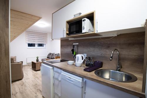 a kitchen with a sink and a counter top at Brzece Ski-Lift Apartments in Brzeće