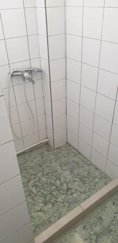 a bathroom with a shower with a tile floor at El Rancho in Grand-Bourg