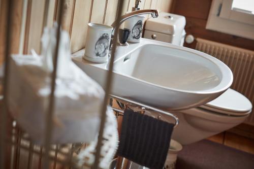 a bathroom with a white sink and a toilet at Nostalgie Bed & Breakfast Chrämerhus in Curaglia