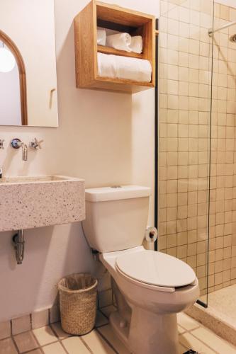 a bathroom with a toilet and a sink and a shower at Casa Kali by Barrio México in Guadalajara