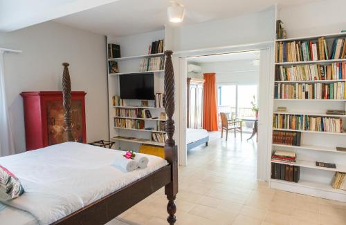 um quarto com uma cama e estantes de livros com livros em Hôtel Frégate Bleue em Le François