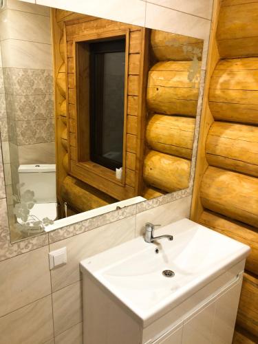 a bathroom with a sink and a mirror at Зимова казка in Tatariv