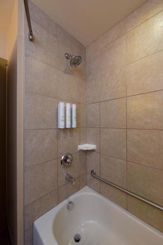 a bathroom with a bath tub and a sink at Bayview Hotel in Courtenay
