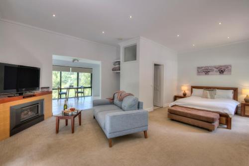 a bedroom with a bed and a couch and a tv at Toorongo River Chalets in Noojee