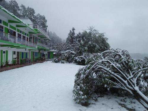 a yard covered in snow in front of houses at Maa Anand Mayee Guest House in Panuānaula