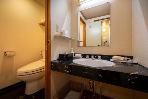 a bathroom with a sink and a toilet and a mirror at Harataki in Aizuwakamatsu