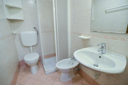 メッツァーナにあるRes. Amba appartamenti Solandraのバスルーム(洗面台、トイレ、シャワー付)