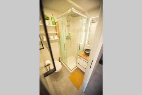 La salle de bains est pourvue d'une douche à l'italienne et de toilettes. dans l'établissement Superbe -Appartement 2 personnes - Tignes le Lac - 813 - Le Palafour, à Tignes