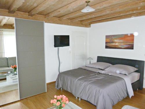 a bedroom with a bed and a flat screen tv at Ferienappartement in der Wolfsgrube-Rambichler in Chieming