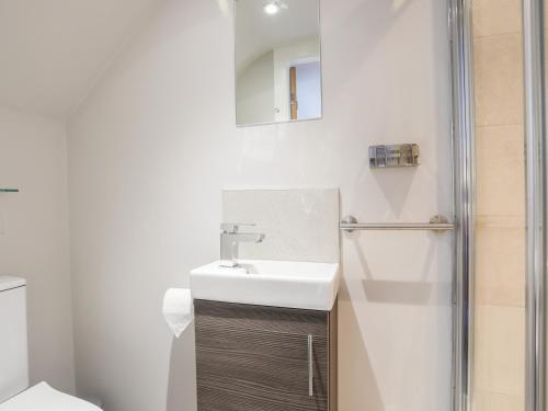 a white bathroom with a sink and a shower at Drovers Barn in Corwen
