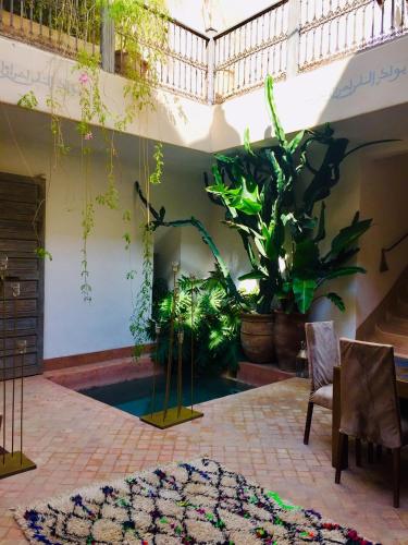 a living room with plants and a swimming pool at Riad De Vinci & SPA in Marrakech