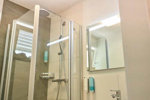 a bathroom with a shower with a glass door at Gästehaus am Wasserschloss & Restaurant Wasserschloss Inzlingen in Inzlingen