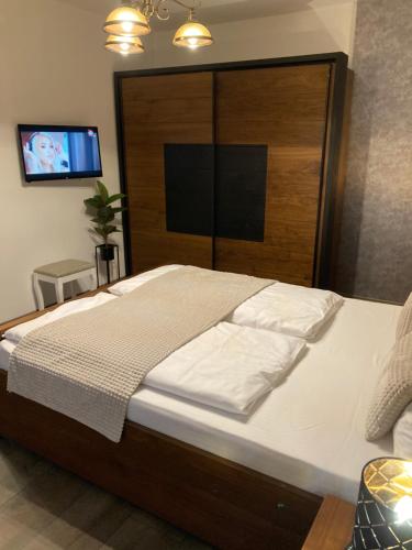 um quarto com uma cama grande e uma cabeceira em madeira em SOLE Apartment 1 em Satu Mare