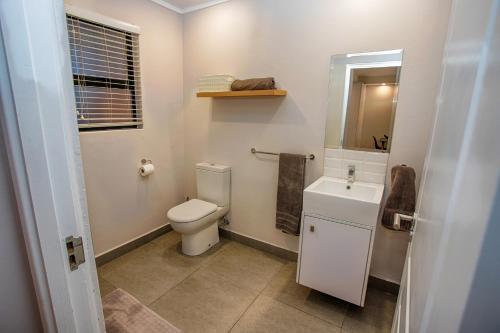 a bathroom with a toilet and a sink and a mirror at Stay at The Point - Sublime Secret Serenity in Durban
