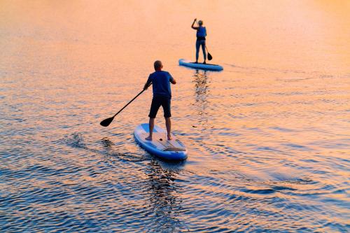 dos personas en tablas de surf de remo en el agua en The Surfside Hotel, en Stratford