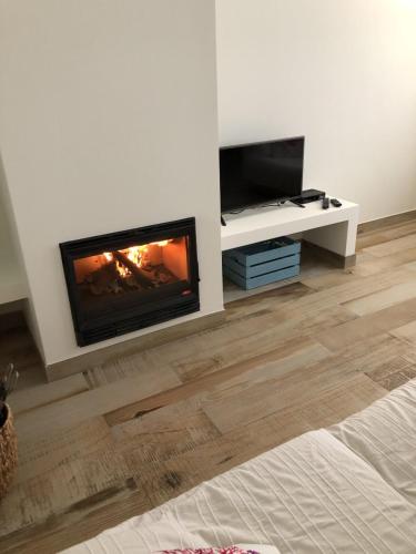 a living room with a fireplace and a tv at Pé na Areia, Alojamento Local in Porto Covo