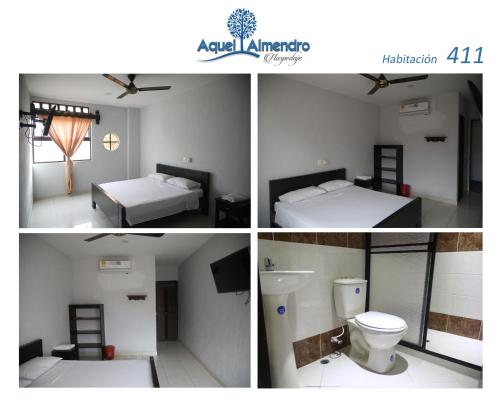 un collage de cuatro fotos de un dormitorio y un baño en Hospedaje Aquel Almendro, en Santa Fe de Antioquia