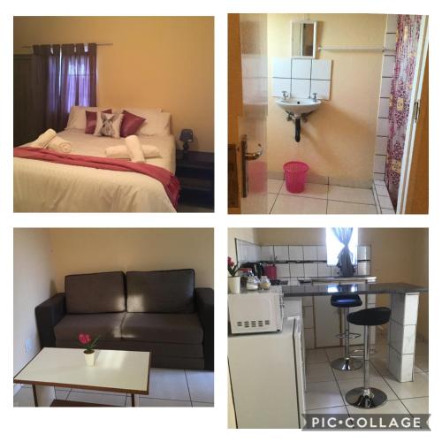 three pictures of a room with a bed and a kitchen at The Golden Rule Self Catering & Accommodation for guests in Keetmanshoop