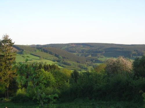 uma vista para um vale com árvores e colinas em Le Fournil d Andrimont em Stoumont