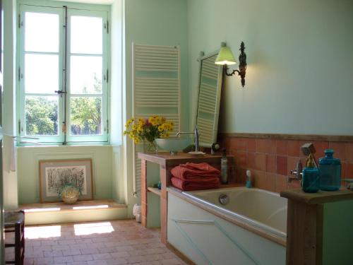 ein Badezimmer mit einer Badewanne und einem Waschbecken sowie zwei Fenster in der Unterkunft Château des Lutz in Daon